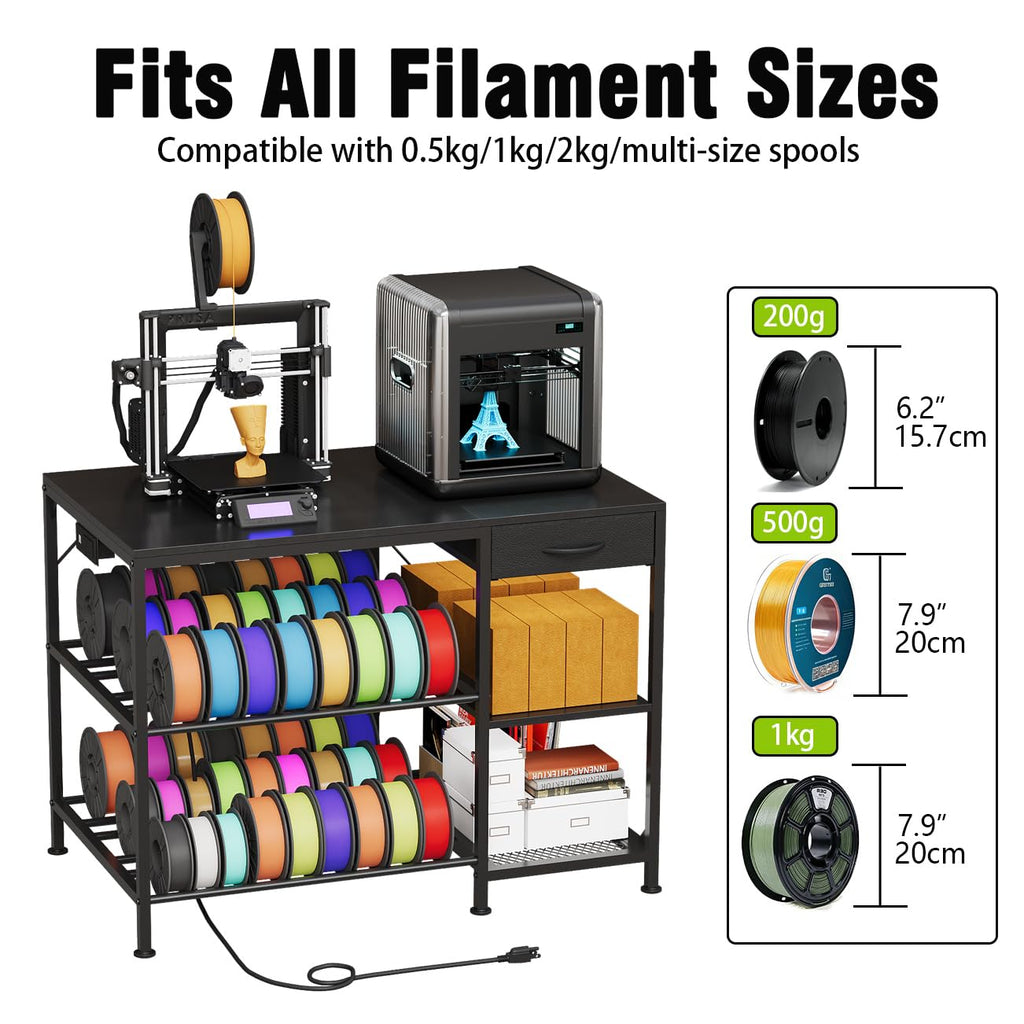 3D Printer Table with Filament Storage, 3-Tier 3D Printer Stand with Power Outlet & Drawer, Heavy Duty 3D Printer Rack for Workshop Studio Office (Black)
