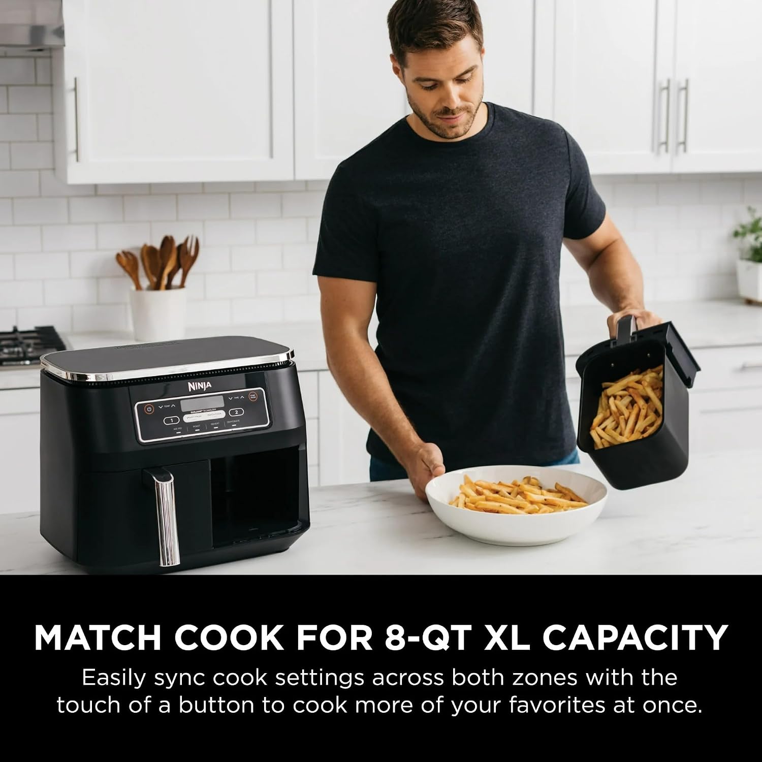 Ninja Foodi 4-in-1 8-qt. 2-Basket Air Fryer with DualZone Technology, 4 Functions, Smart Finish, Roast, Air Fry, Reheats, & Dehydrates, Black, DZ100 (Renewed)