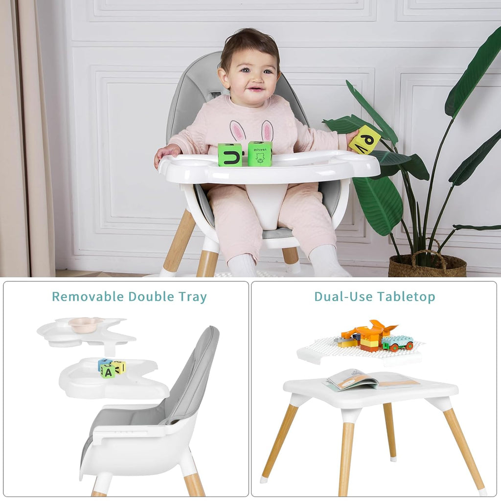 6 in 1 High Chair for Babies & Toddlers, Convertible Wooden Baby Highchair, Table and Chair Set, Baby Feeding Chair, 5-Point Adjustable Harness/4-Position Removable Tray& PU Seat Cushion(Grey)
