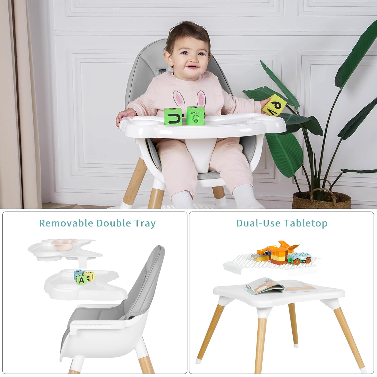 6 in 1 High Chair for Babies & Toddlers, Convertible Wooden Baby Highchair, Table and Chair Set, Baby Feeding Chair, 5-Point Adjustable Harness/4-Position Removable Tray& PU Seat Cushion(Beige)