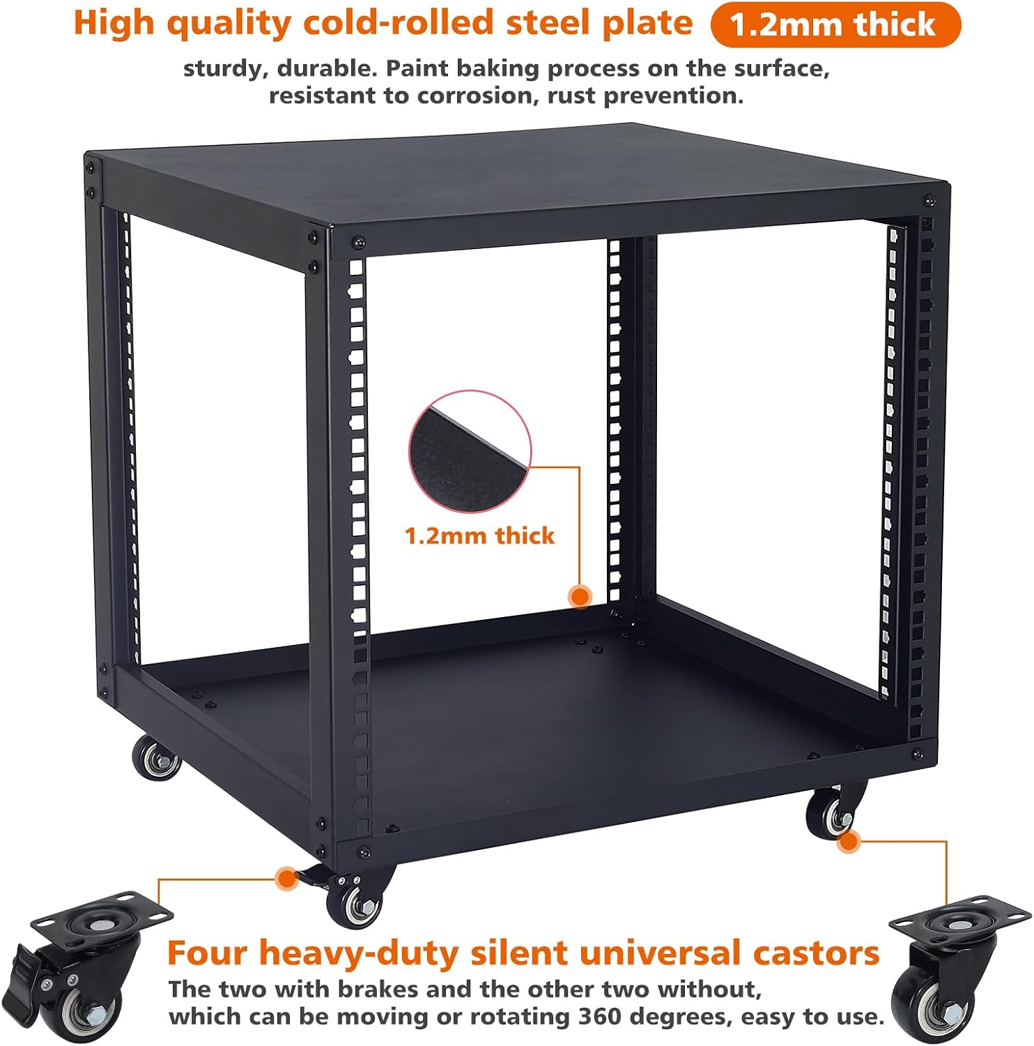 SC02 9U 19' Open Frame Network Server AV Gear Equipment Rack Mobile Storage Cabinet with Casters & a Shelf - for HsSome Audio & Video DJ Recording Studio Sound Equipment