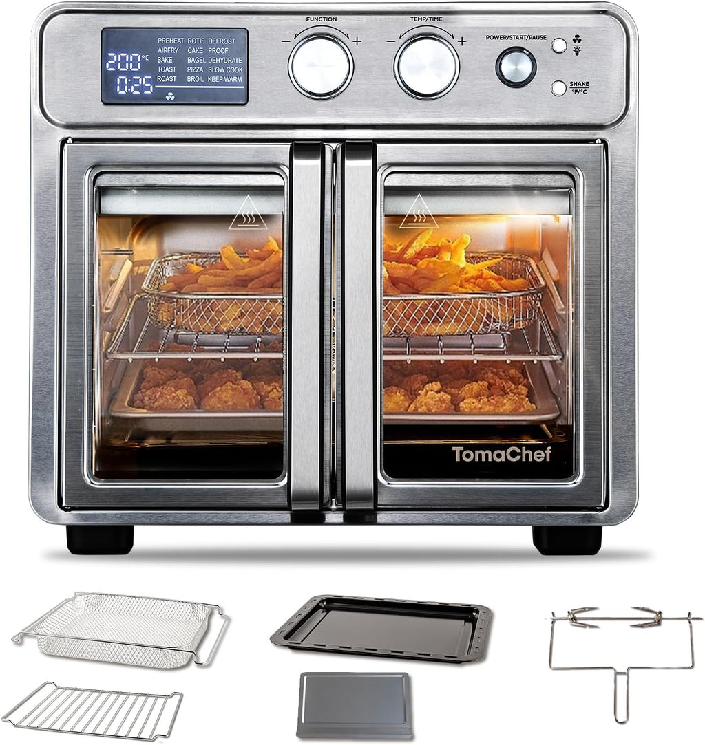 TomaChef 26QT French Door Air Fryer Toaster Oven Combo, 15 Cooking Functions including Rotisserie, and Digital Controls, 30 Recipes & 5 Accessories, Stainless Steel Finish