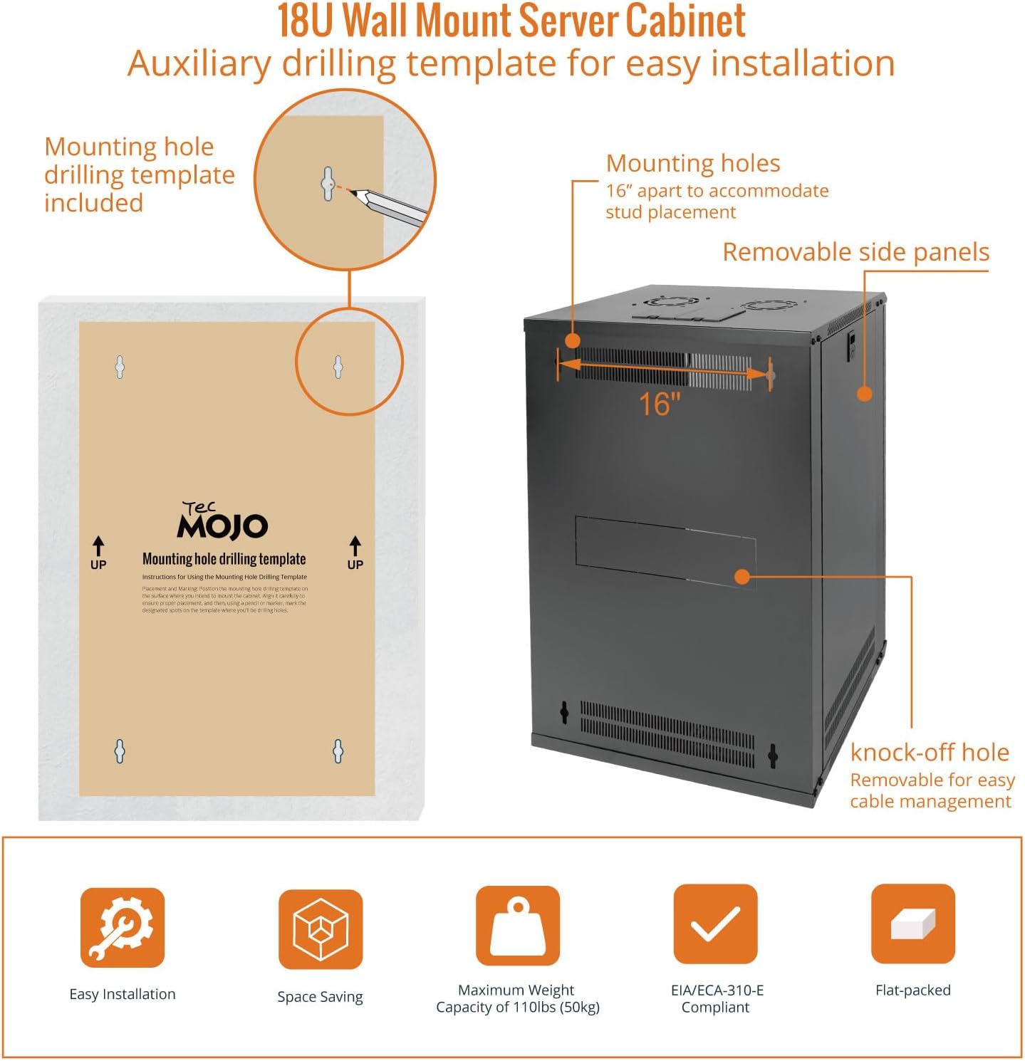 Tecmojo 18U Wall Mount Rack Network Cabinet for 19' IT Equipment,with Lockable Glass Door and Side Panels,Cooling Fan,Black,17.7inch Depth for AV/Computer/Electronics Equipment Data Rack