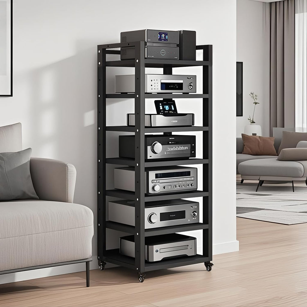 7-tier Av Media Stand, Audio Rack With Adjustable Shelves, Stereo Racks And Stands With Wheels, Stereo Rack For Home, Office, Theater(B)