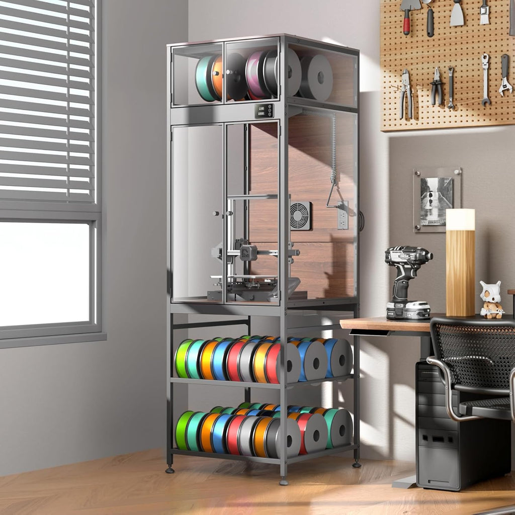 Crafit 3D Printer Cabinet with 48 Spools Filament Storage Rack, 3D Printer Enclosure with Ventilation, Thermo-Hygrometer and LED Light, Heat-Resistant, Dustproof and Noise-Reduction Design, Upgraded