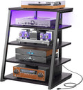 Armocity 5-Tier AV Media Stand with Power Strips, Media Console with LED Lights, Audio Tower Rack with Adjustable Shelves, Stereo Stands and Racks, 40.8'', Black Ebony