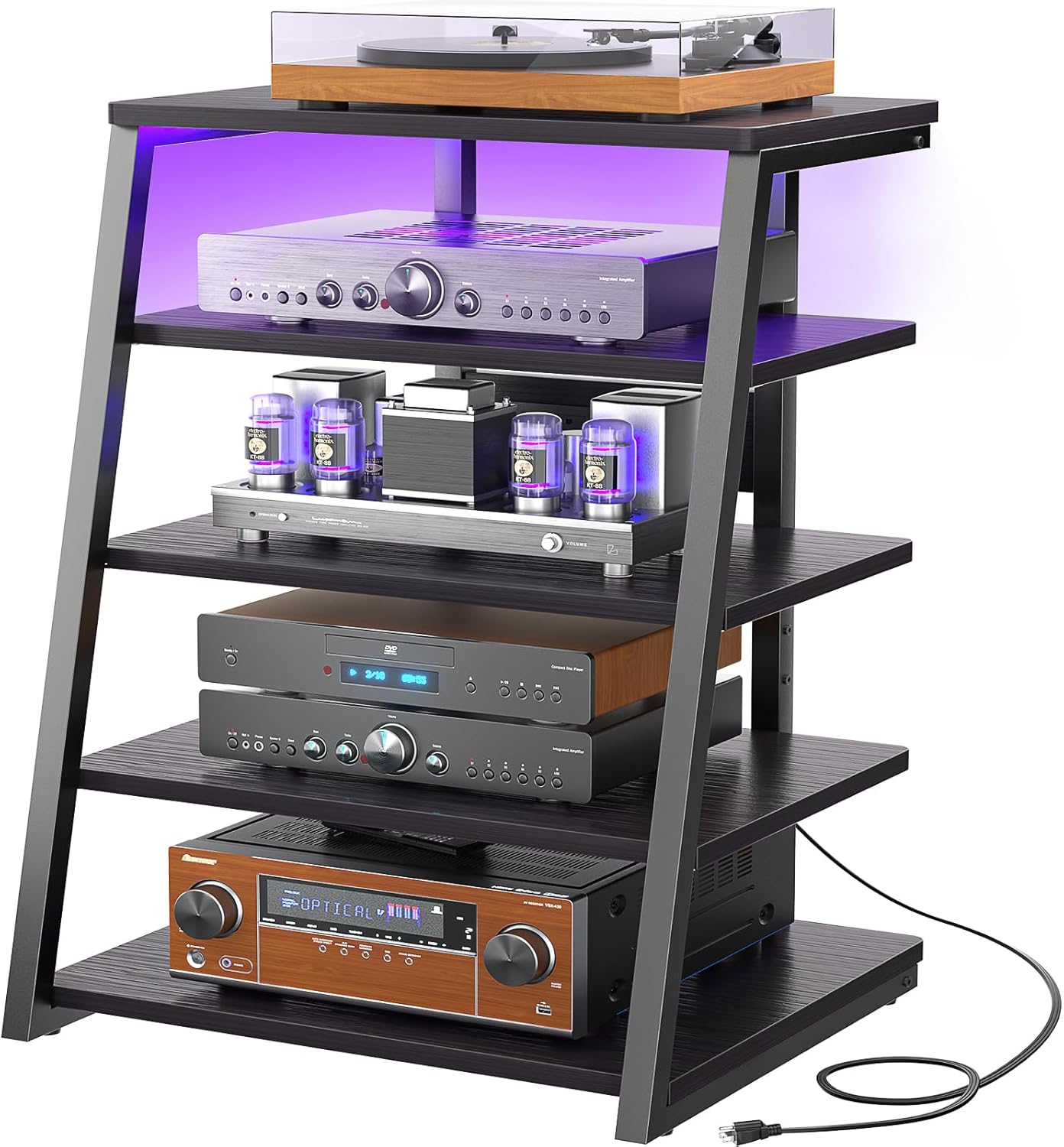 Armocity 5-Tier AV Media Stand with Power Strips, Media Console with LED Lights, Audio Tower Rack with Adjustable Shelves, Stereo Stands and Racks, 40.8'', Black Ebony