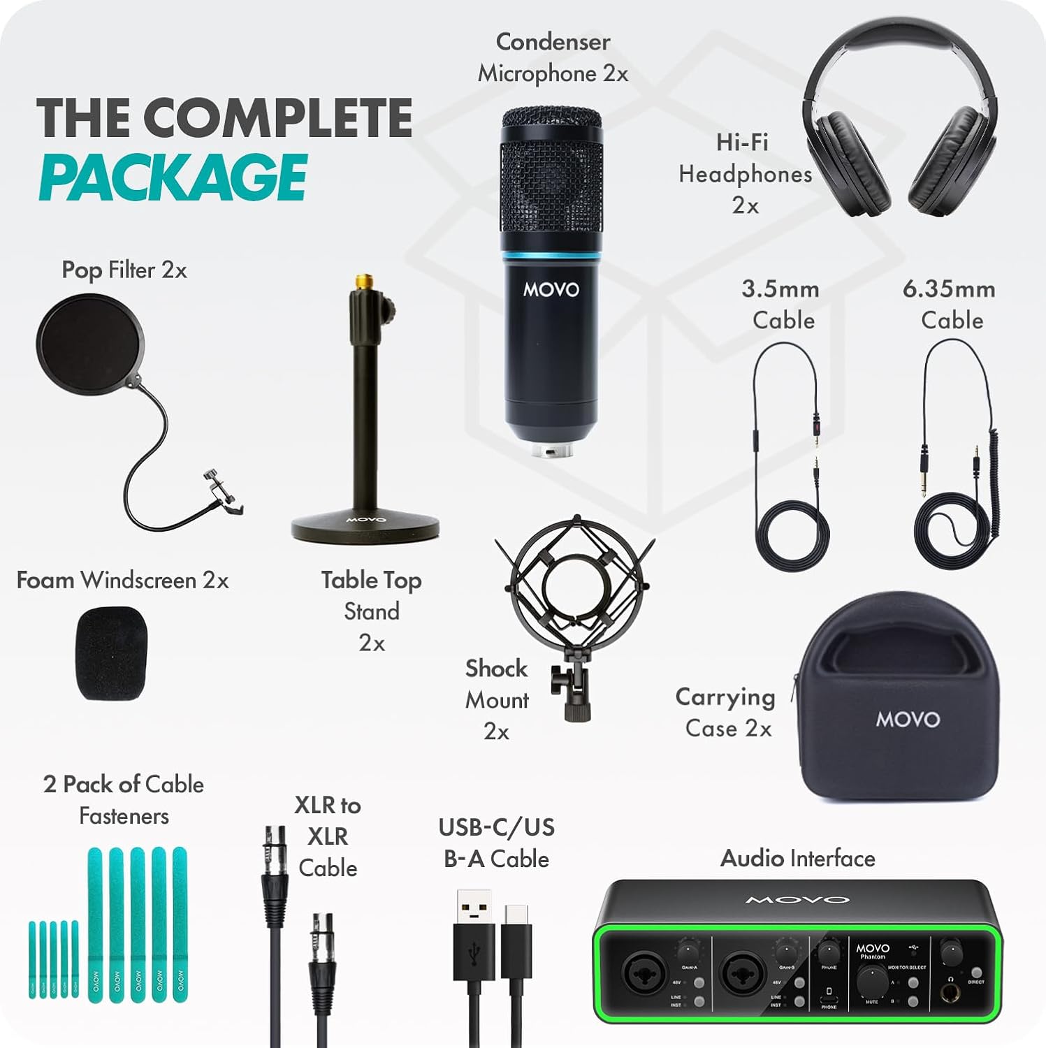 Movo PodPak2T 2-Pack Universal Condenser Microphone Kit with Phantom 2x2 Audio Interface, Desktop Mic Stand, and Studio Headphones- Podcast Equipment Bundle for YouTube, Podcast, Streaming, Musicians