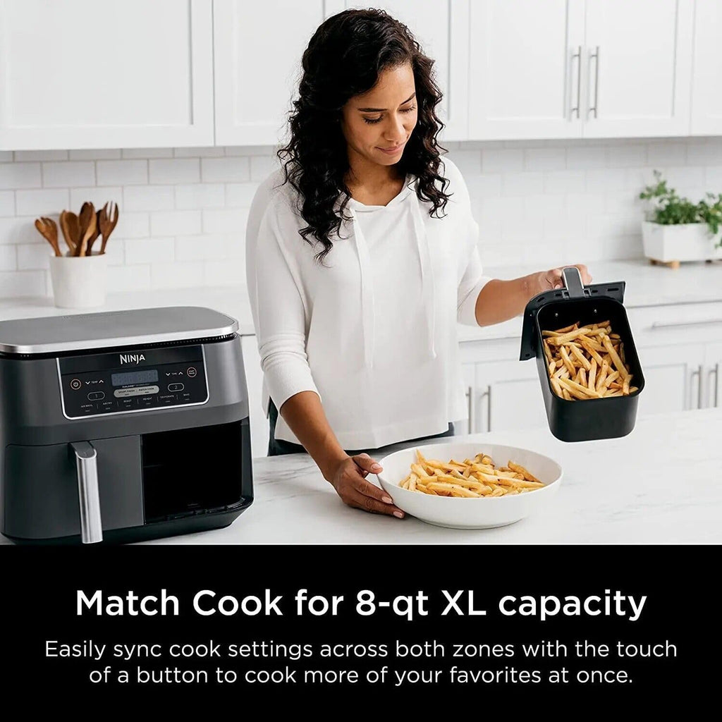 Ninja DZ201 Foodi 8-Quart 6-in-1 DualZone Air Fryer (Renewed), 2 Independent Fry Baskets, Smart Finish & Match Cook, Roast, Bake, Reheat, Dehydrate