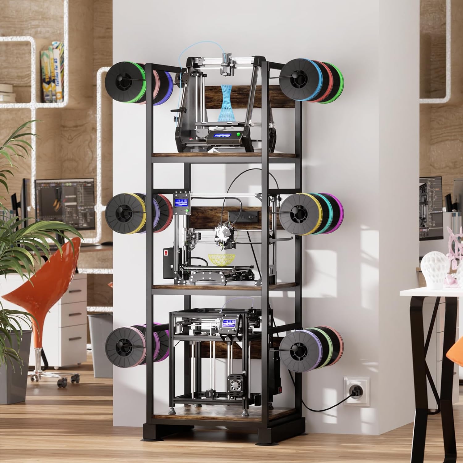 3D Printer Stand with Filament Storage,3D Printer Rack with Power Outlet,Heavy-Duty 3D Printer Storage Shelf for ABS/PLA/TPU Filament Spools,Perfect for 3D Printing Workshops, Retro Brown