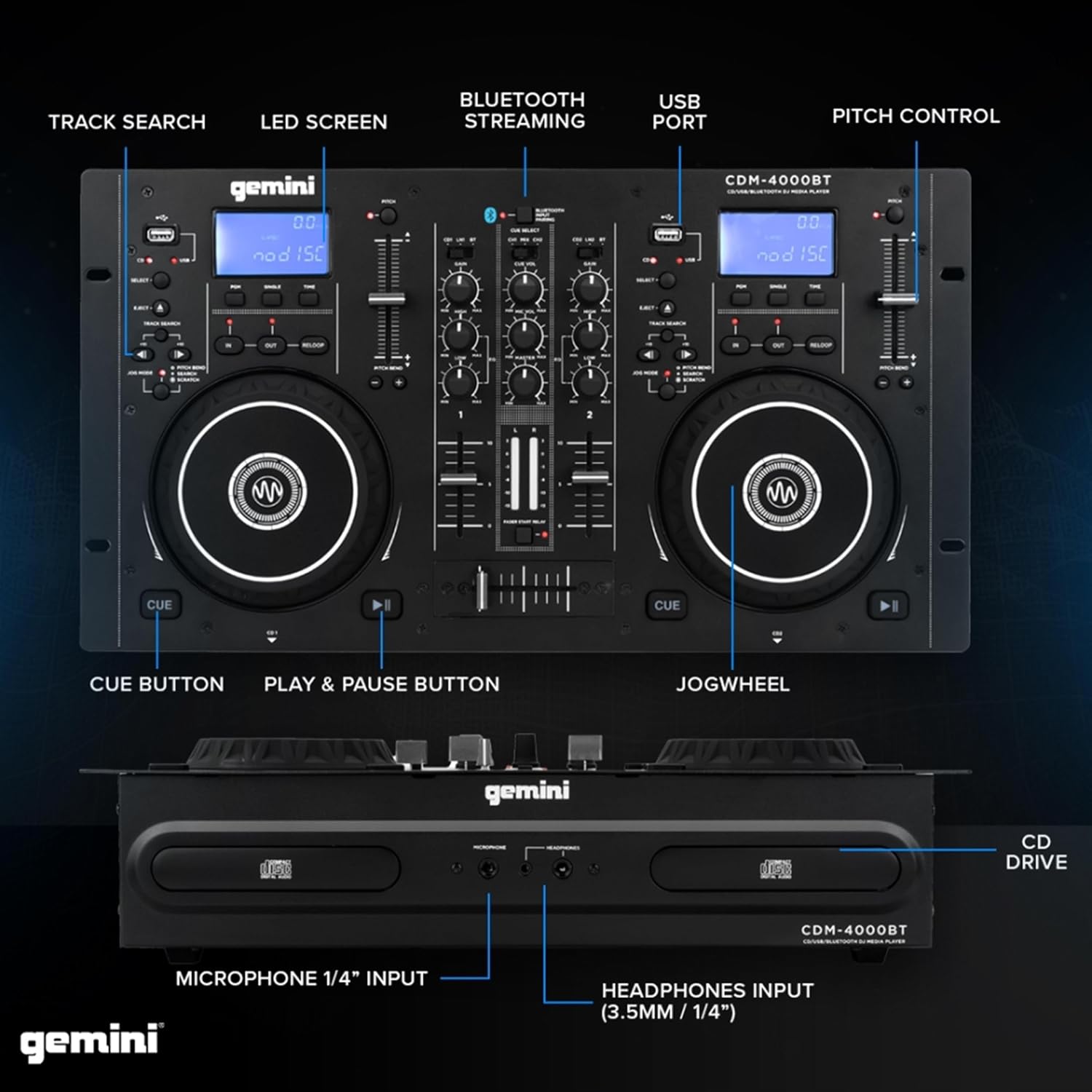 Gemini Sound CDM-4000BT: All-in-One DJ Standalone DJ CD Player & Mixer Combo with Bluetooth - Dual CD/USB for Home & Event Use, User-Friendly Controls with Jog Wheels and Pitch Control