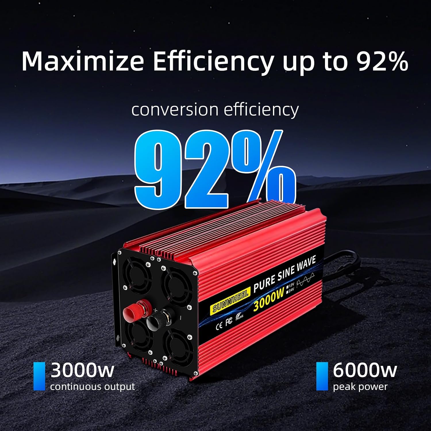 SUNWHEEL 3000W 24V Pure Sine Wave Inverter, 24V DC to 110V/120V AC Power Inverter for RV、Off Grid、Truck、Power Outage with 4 AC outlets and LCD Display