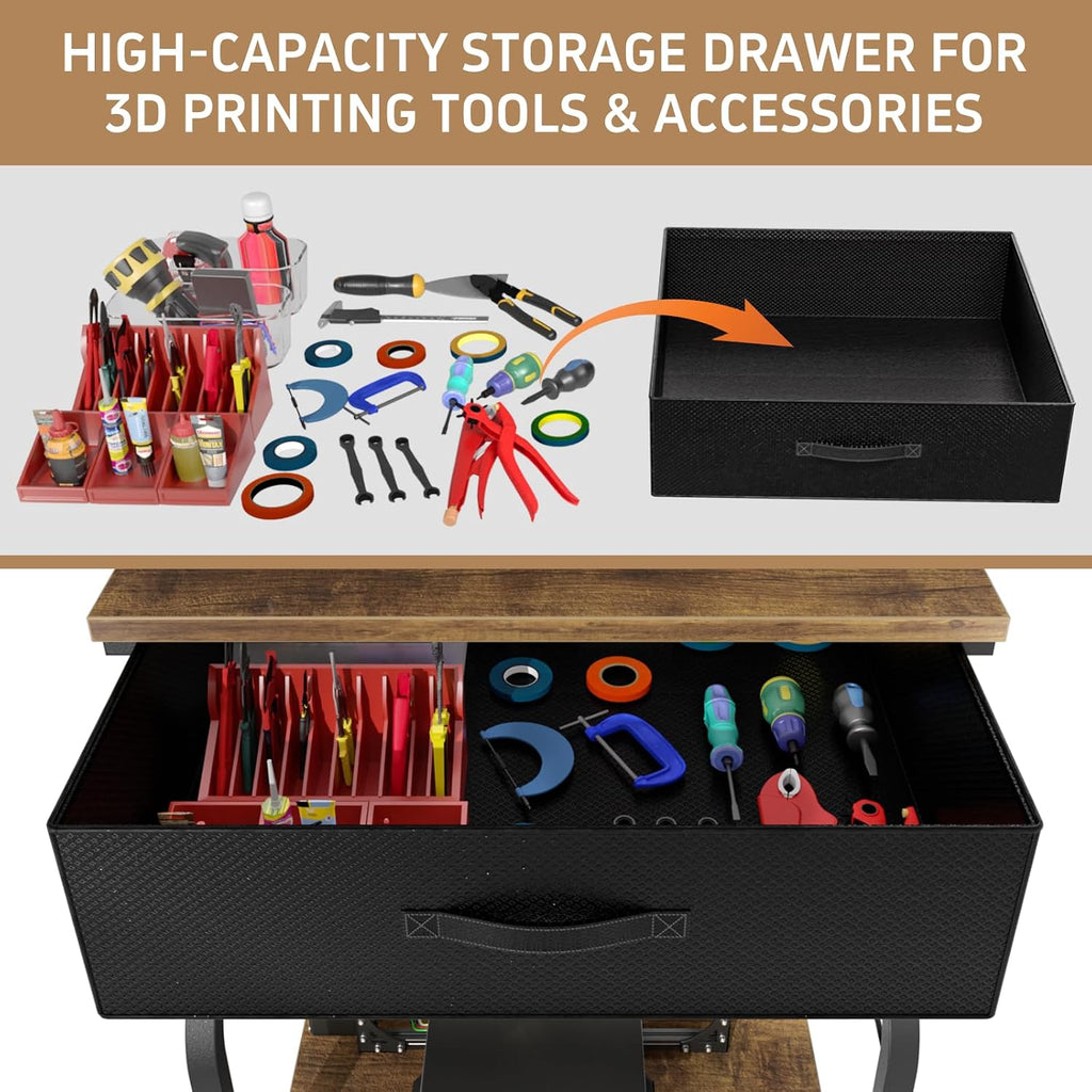 3D Printer Stand with Filament Storage,3D Printer Rack with Storage Drawer，Heavy-Duty 3D Printers Table with Power Outlet，for ABS/PLA/TPU Spools, Home Office Studio Rustic Brown