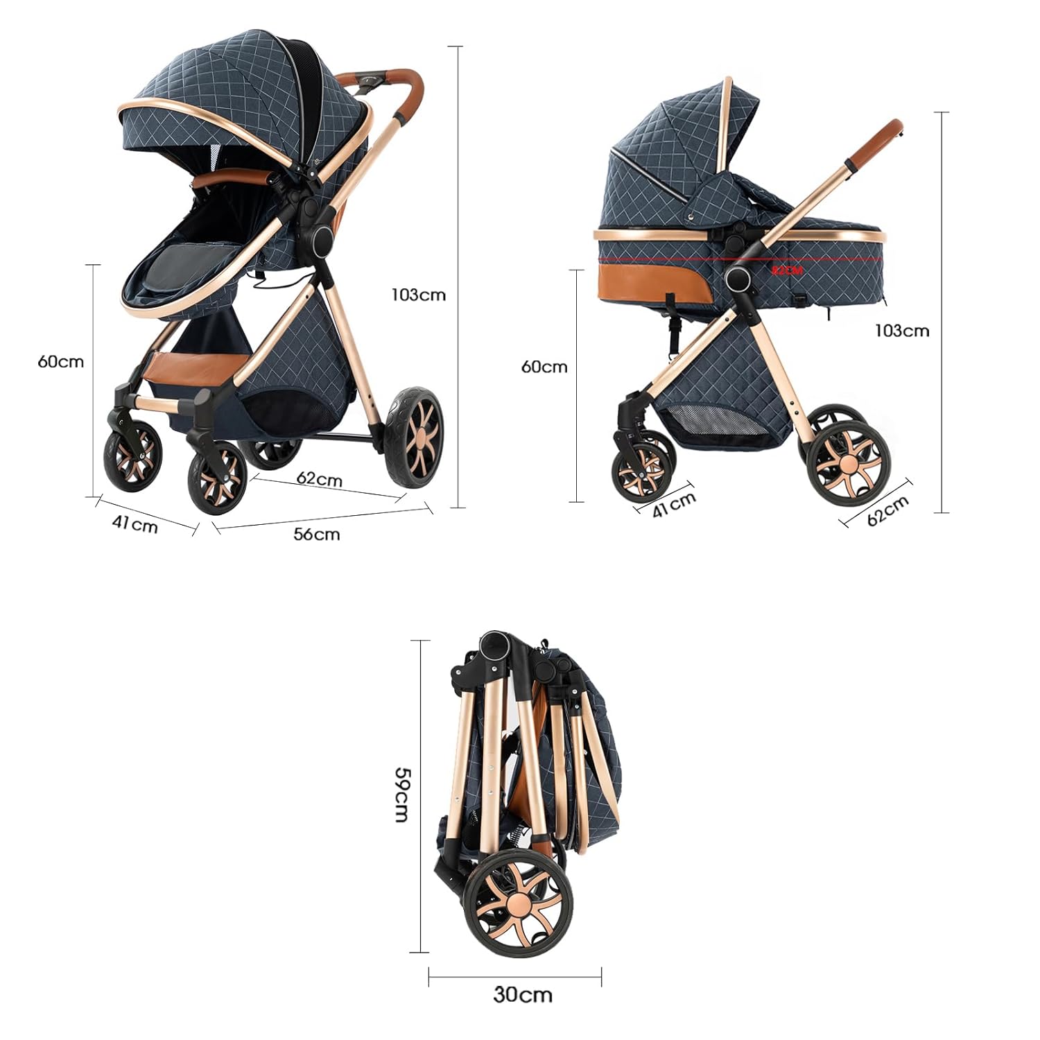 2 in 1 Baby Stroller, Convertible Pram, Reversible Standard Stroller, Portable Baby Buggy, Infant Carriage, Foldable High Landscape Pushchair for Toddler Newborn (225 Khaki)