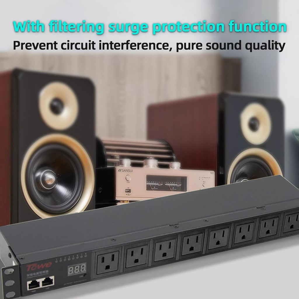 Power Conditioner for Audio Equipment, 8 Outlet 1U Rack Mount 100-250v 2500w 30Amps Power Supply Strip Surge Sequencer with LED Voltmeter Display,Surge Protector,Smart PDU