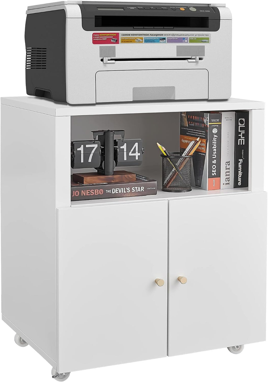 GarveeLife Metal Printer Cabinet with Storage, Heavy Duty Rolling 3D Printer Stand with 2 Doors, Under Desk File Cabinet for Home Office Corner and Small Spaces White