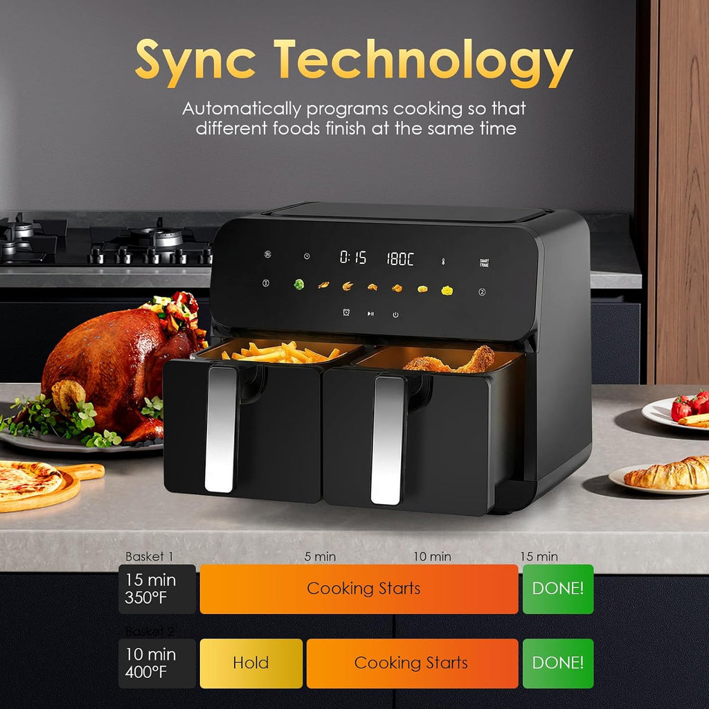 10QT Large Dual Zone Air Fryer, Double Basket Air Fryer with 2×5QT Baskets, Digital Full Touchscreen Easy-Panel, SyncCook Function, Cook 2 Dishes at Once for 4-6 Family,1700W, Black