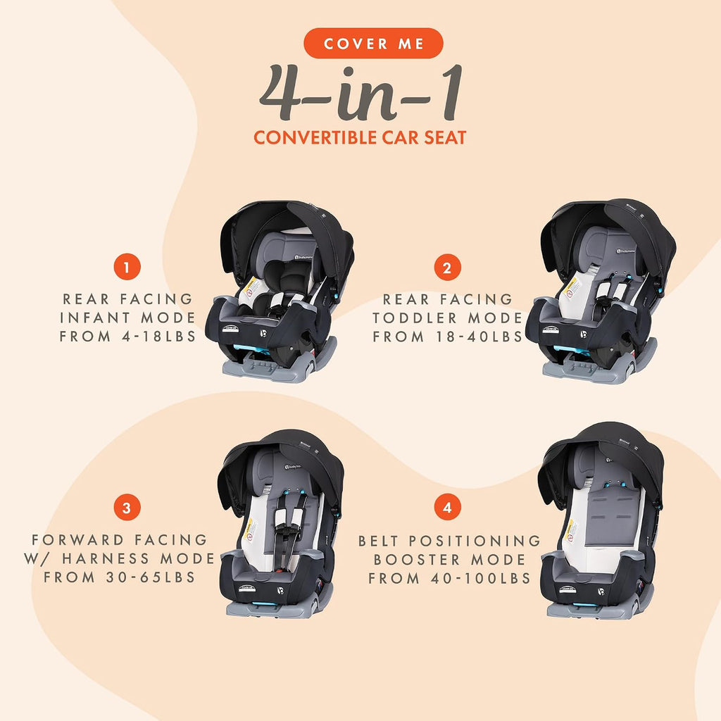 Baby Trend Cover Me 4-in-1 Infant Toddler Convertible Car Seat with Adjustable/Removable Canopy for Sun Protection & 2 Cup Holders, Black