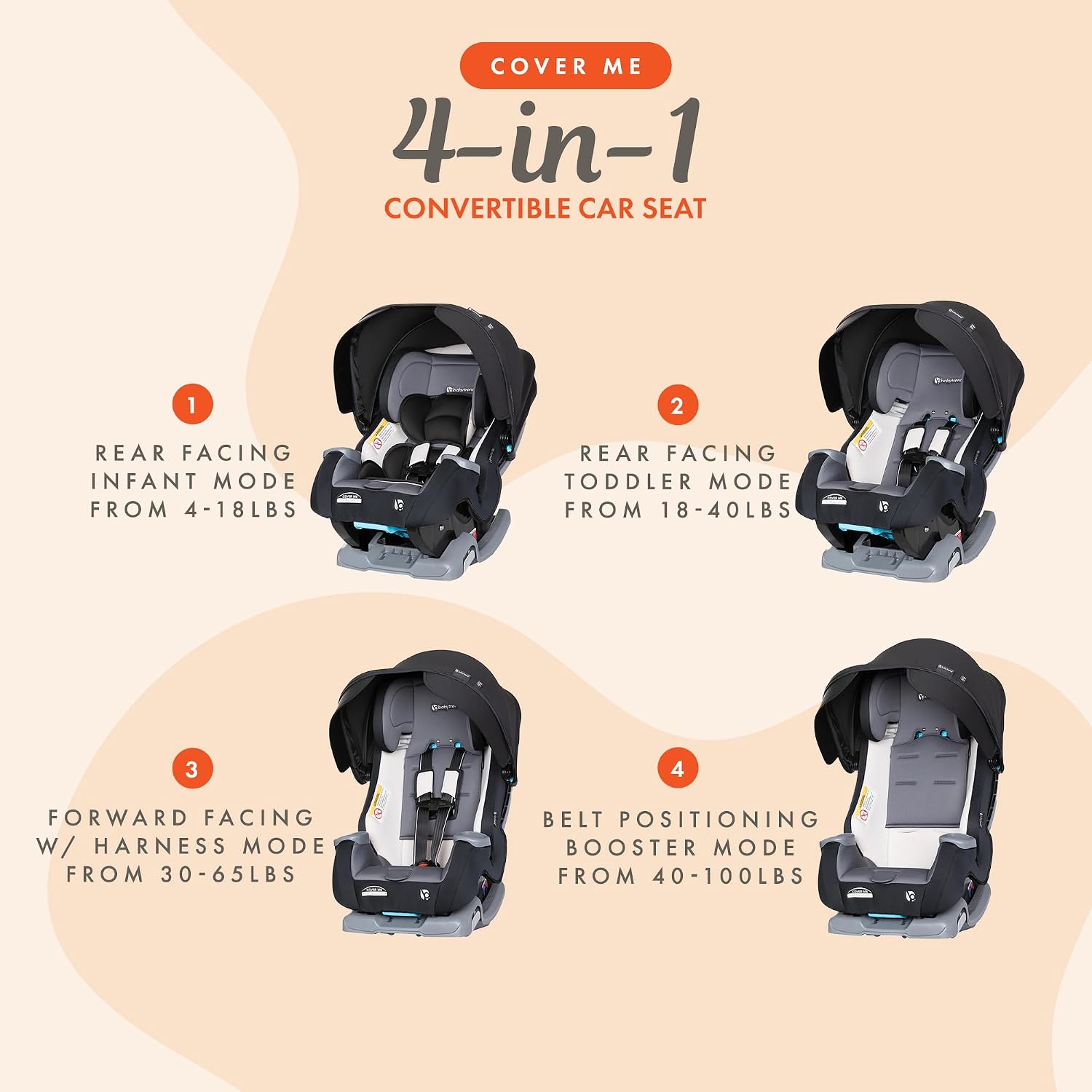 Baby Trend Cover Me 4-in-1 Infant Toddler Convertible Car Seat with Adjustable/Removable Canopy for Sun Protection & 2 Cup Holders, Black
