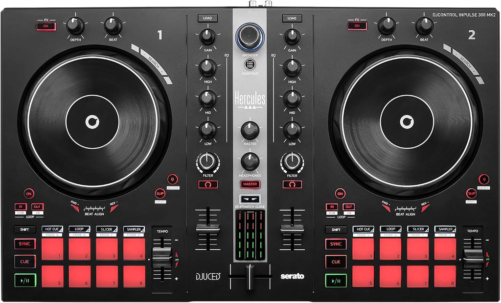 Hercules DJControl Inpulse 300 MK2 2-Channel DJ Controller Bundle with Case, TRS-to-RCA Breakout Cable, and Austin Bazaar Polishing Cloth