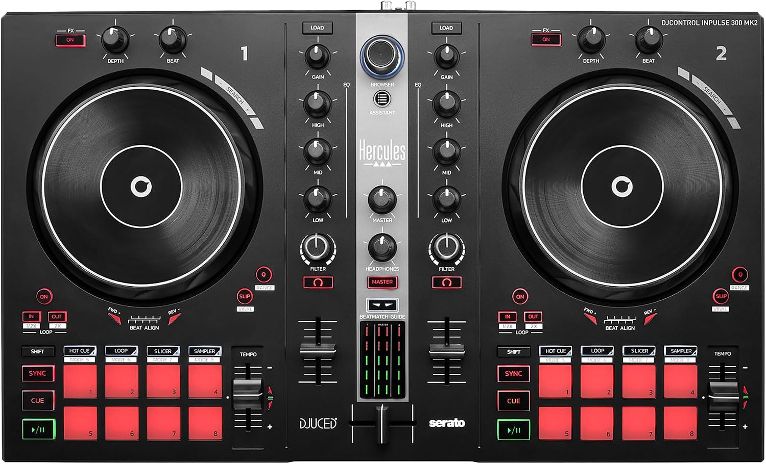 Hercules DJControl Inpulse 300 MK2 2-Channel DJ Controller Bundle with Case, TRS-to-RCA Breakout Cable, and Austin Bazaar Polishing Cloth