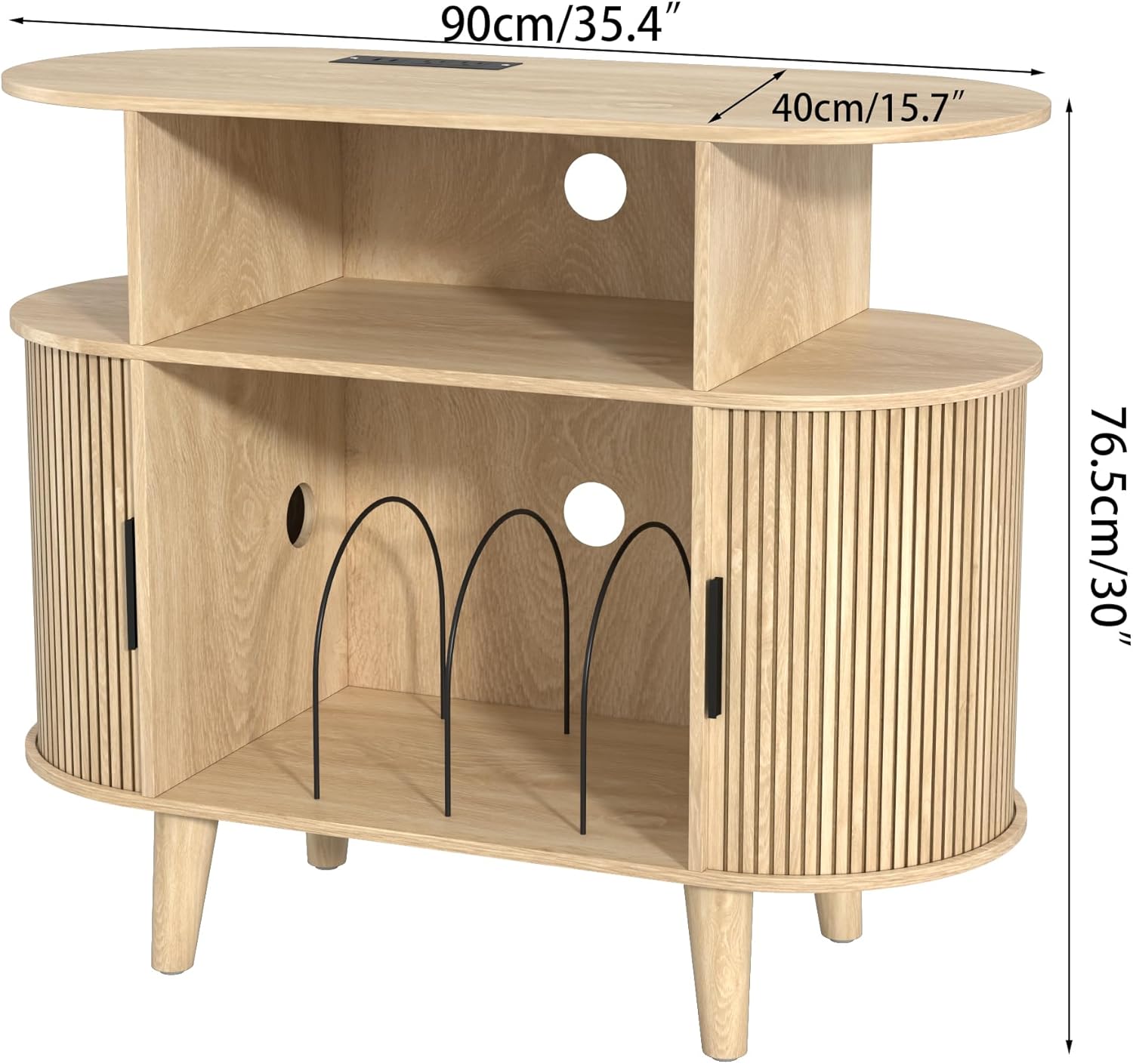 LUVIOHOME Large Round Record Player Stand with Charging Station & USB Ports，Record Storage Cabinet, Mid Century Modern Turntable Stand for Bedroom Living Room (Small Oak)