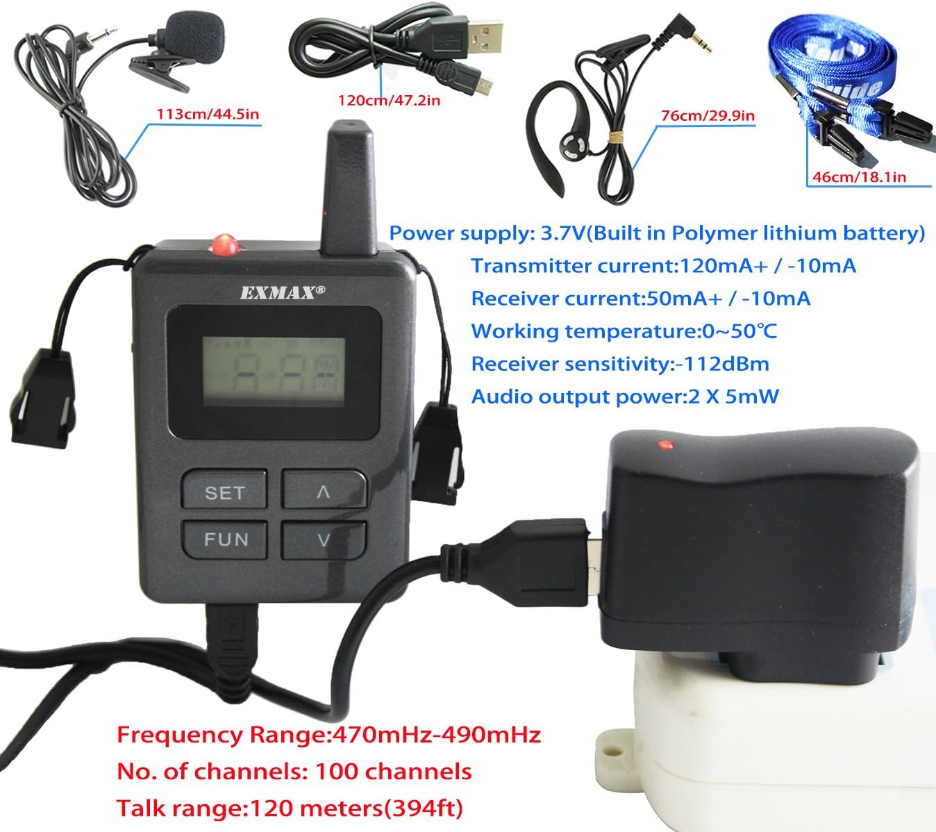EXMAX ELGT-470 Wireless Tour Guide/Monitoring Audio System 100 Channels Groups for Tourism,Conference,Training,Church,Outdoor Scenic Spots(2 Transmitters & 30 Receivers with 32-slot Charging Case)