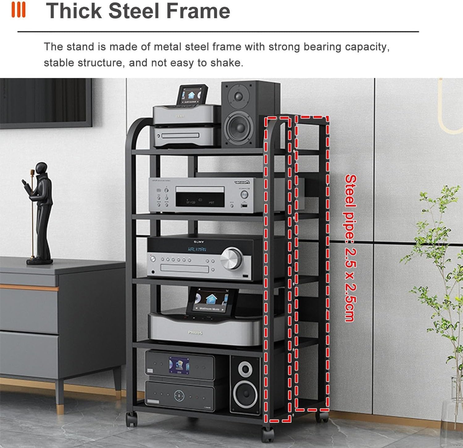 5-Tier AV Media Stand, Audio-Video Shelving Adjustable, Rolling AV Rack Electronics Equipment Shelf Stereo Cabinet for Living, Gaming, Recording Room (Black)
