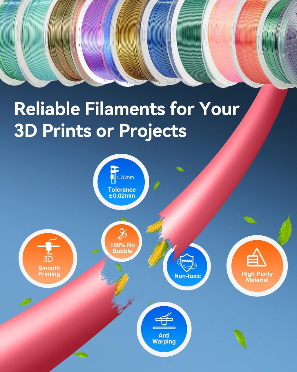 JAYO Silk Dual & Tri Color PLA Filament 1.75mm 10 Pack, Shiny Multicolor 3D Printer Filament Bundle, Blue-Green-Purple, Red-Yellow-Green & More, 1.1kg Spool Each, Compatible with Most FDM Printers