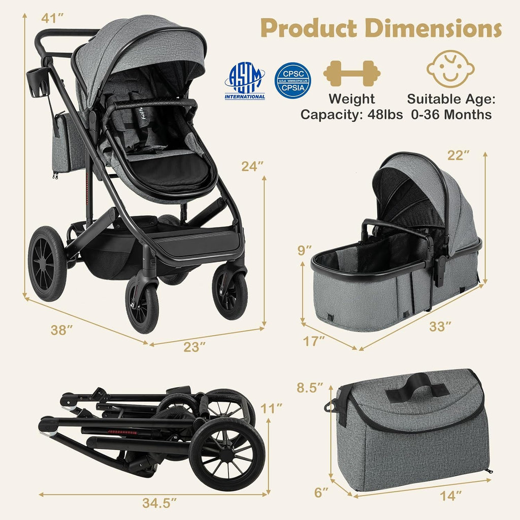 BABY JOY 2 in 1 Convertible Baby Stroller, High Landscape with Bassinet Mode, Reversible Seat, Adjustable Canopy, Cup Holder, Diaper Bag, Foldable Infant Newborn Pram Stroller for 0-36 Months (Gray)