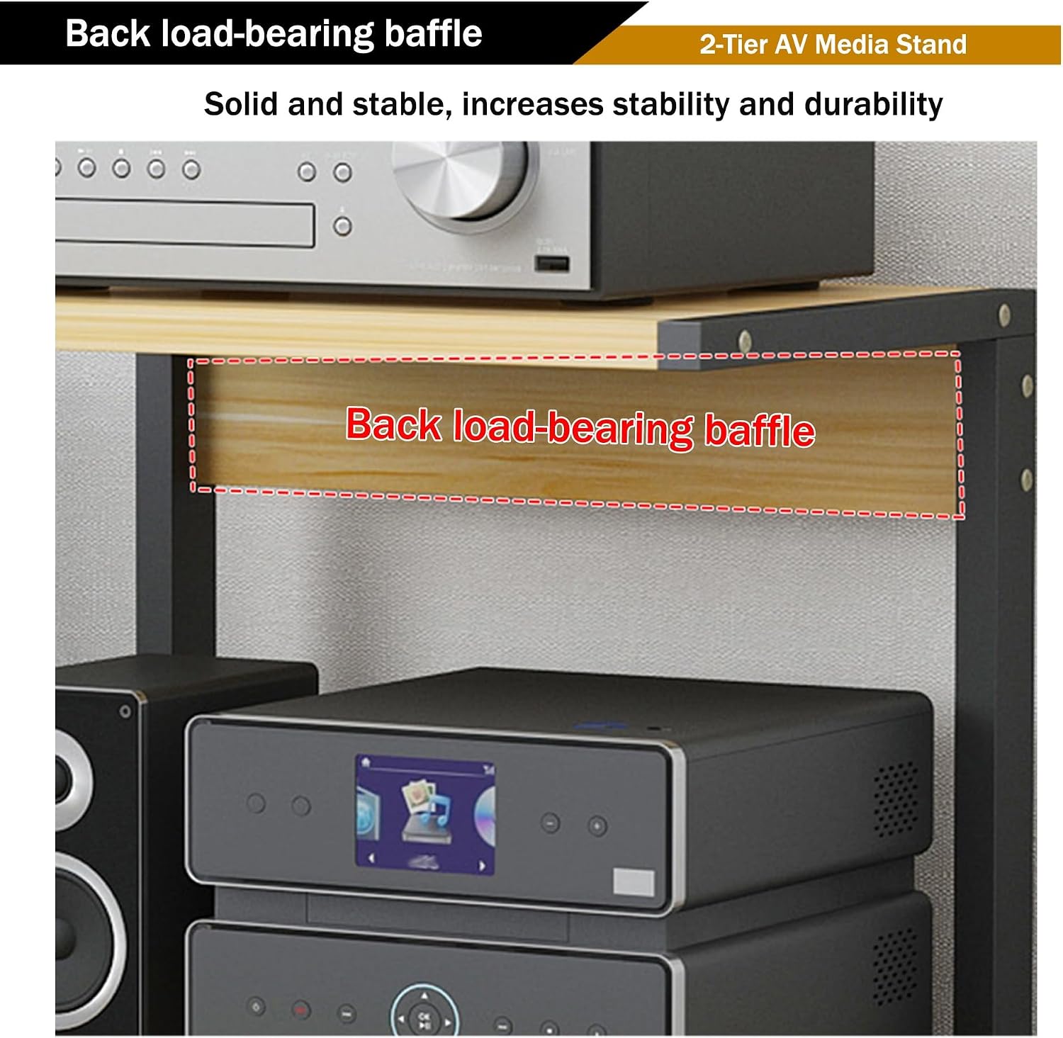 AV Media Stand with Wheels, 2-Tier Audio-Video shelving, Modern Console Wooden Storage Shelves, Stereo Racks and Stands, Audio Tower Corner Entertainment Center, for Living, Gaming Room(Black,50x40x40