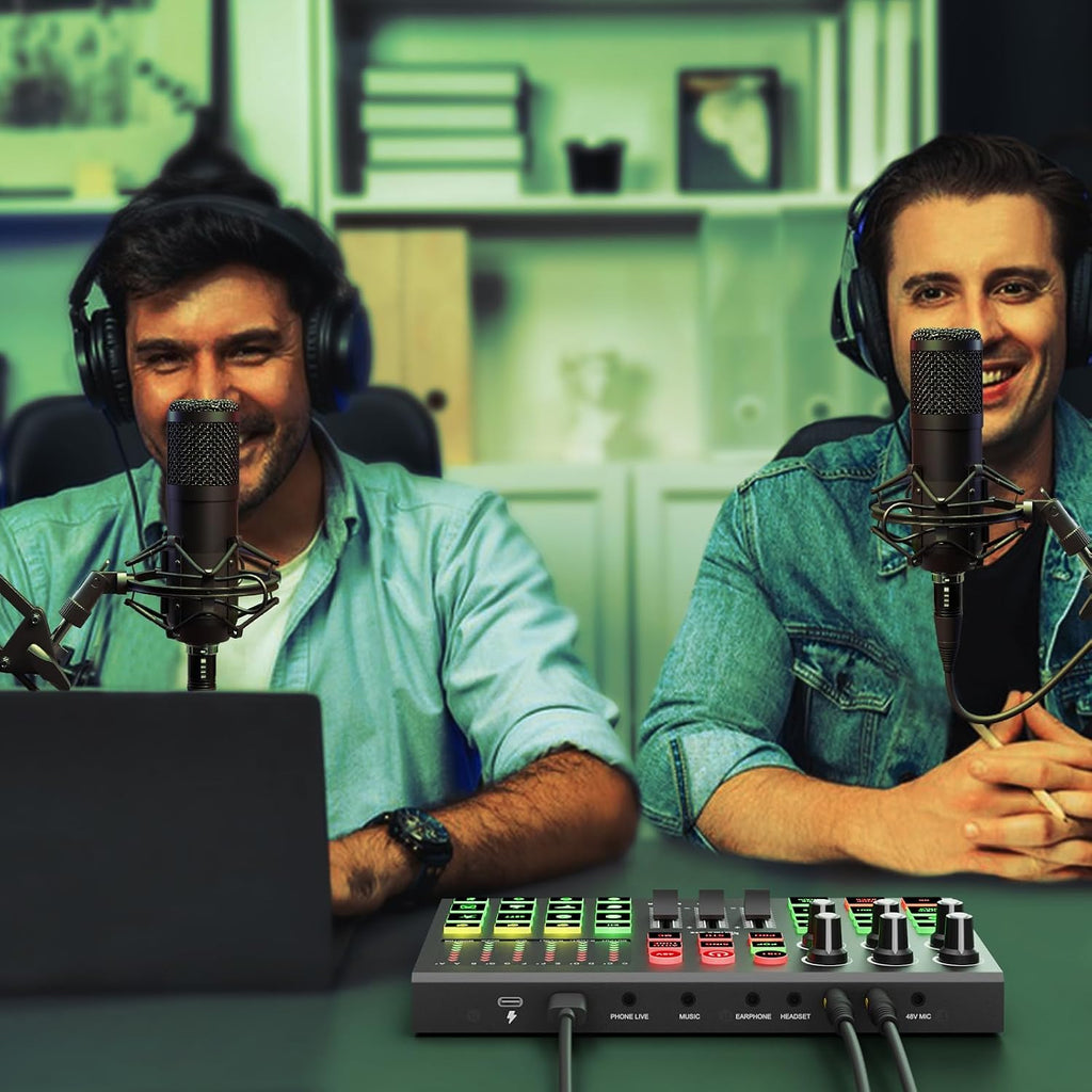 Podcast Equipment Bundle for 2, All-Metal Audio Interface DJ Mixer with Podcast Microphone,Voice Change,48V for Podcast, Streaming, TikTok, YouTube, PC, Smartphone (V1)