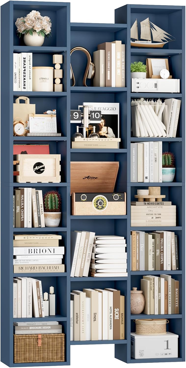 FOTOSOK 71'' Tall Bookshelf with 21 Cubes, 8 Tier Triple Wide Bookshelf with 8 Adjustable Shelves, 35' Large Bookcase DVD/CD Media Tower Storage, Freestanding Display Shelf Cabinet, Blue