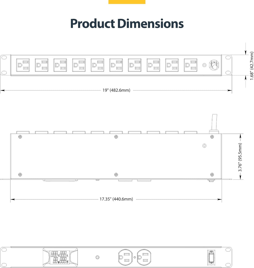 StarTech.com 12-Outlet Horizontal Rack Mount Metered PDU, 1U Server Power Strip w/Surge Protector, 8ft/2.4m Power Cable, TAA