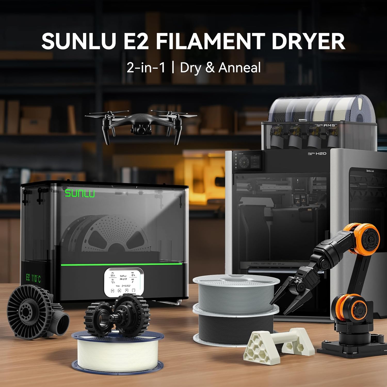 SUNLU Official 3D Printer Filament Dryer E2, 110℃ Max Temperature, 500W PTC Heater, Dry and Anneal 2-in-1, Dual-Chamber, Designed for Engineering Filaments, PC PA-CF FR-ABS Filament Dryer Box (Black)