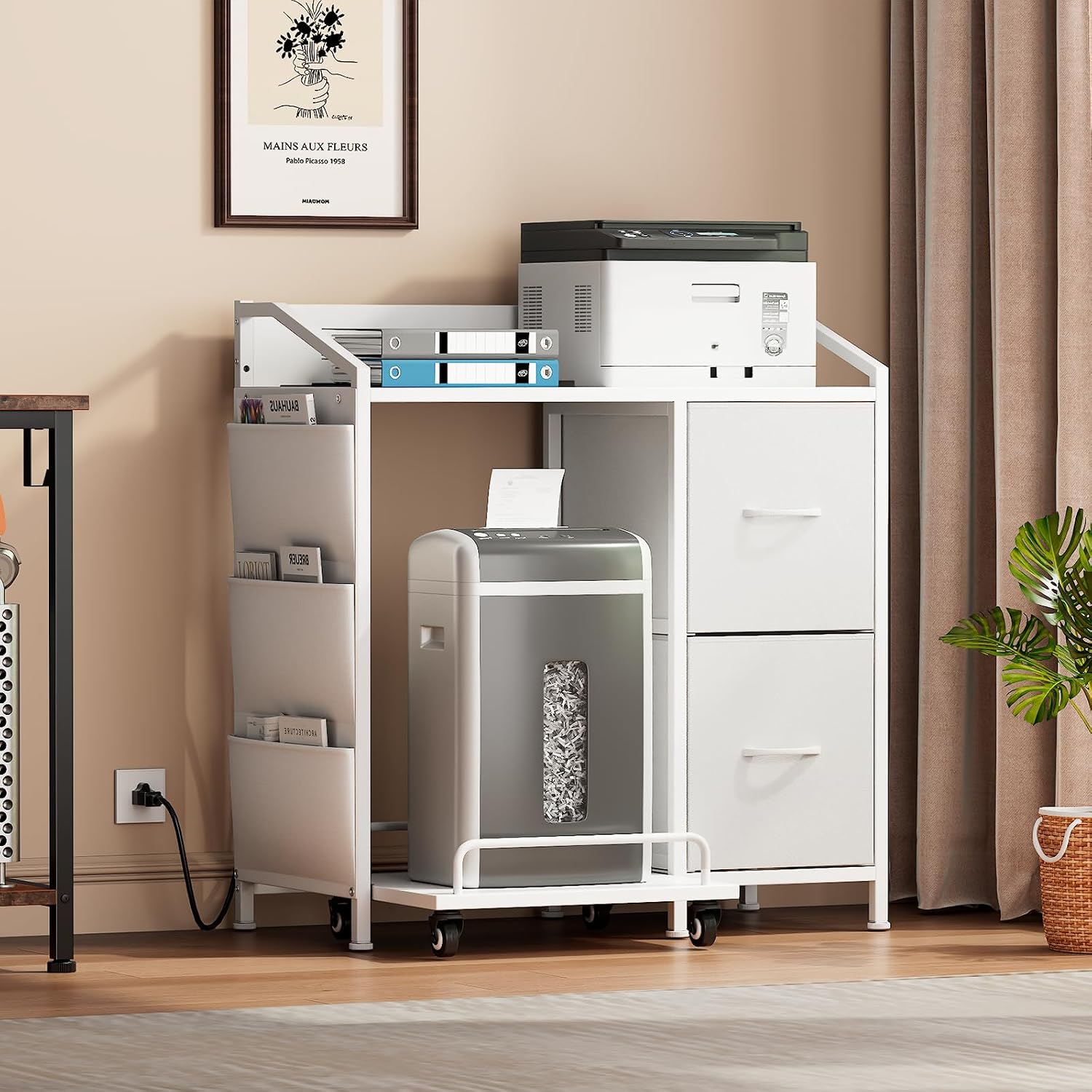 Printer Stand with Storage, Lateral Office Filing Cabinets with Power outlets & USB Charging Port, File Cabinet with Large Printer Stands for Home Office, Shredder Stand Rack (White)