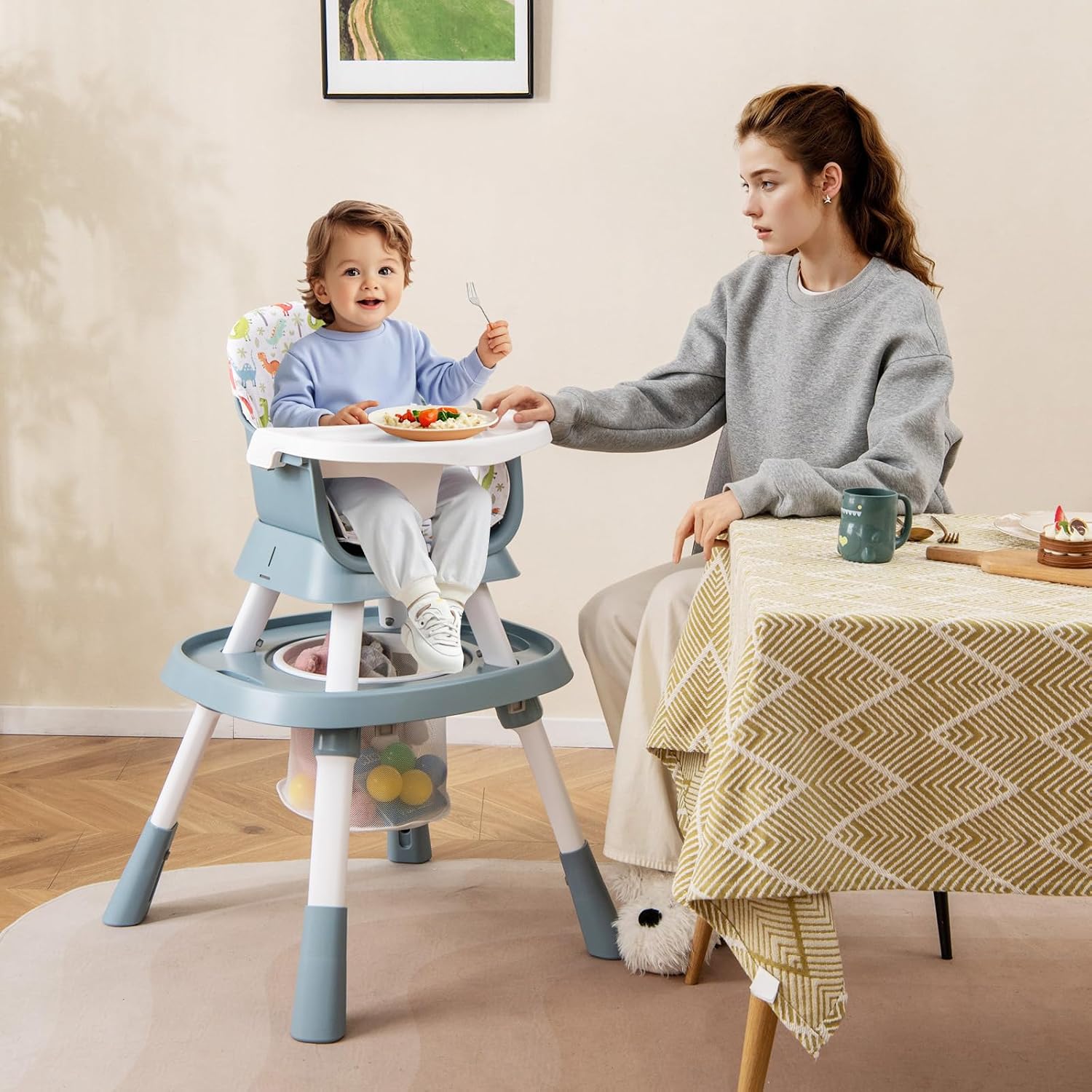 HONEY JOY 16-in-1 Baby High Chair, Convertible Highchair for Babies and Toddlers/Booster Seat/Activity Center with Toys, Building Block Table & Stool, Safety Harness, Removable Cushion & Tray (Blue)