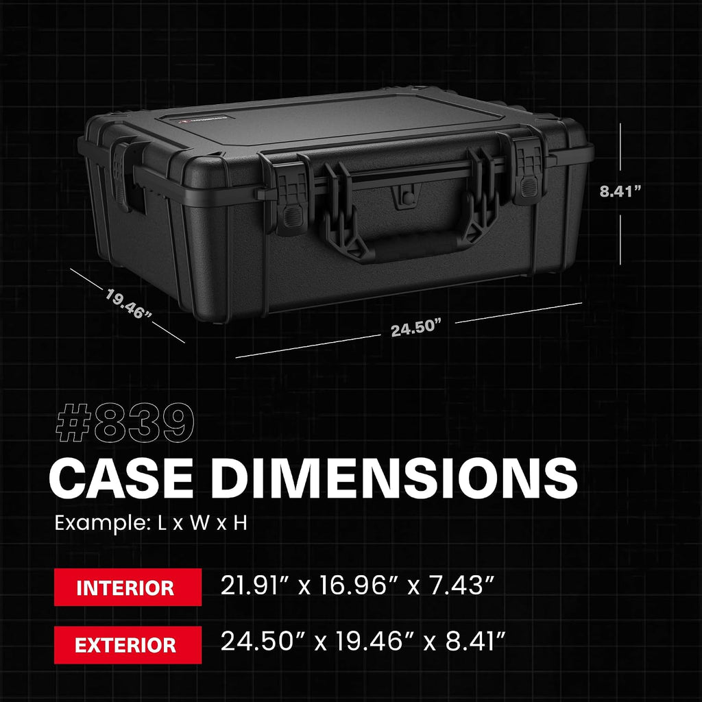 Condition 1 25' Large Waterproof Hard Case Model 839 with Foam, Portable Protective Storage Box for Travel, Hunting, Military, Tactical, Made in USA, 24.50'x 19.46'x8.41' Black