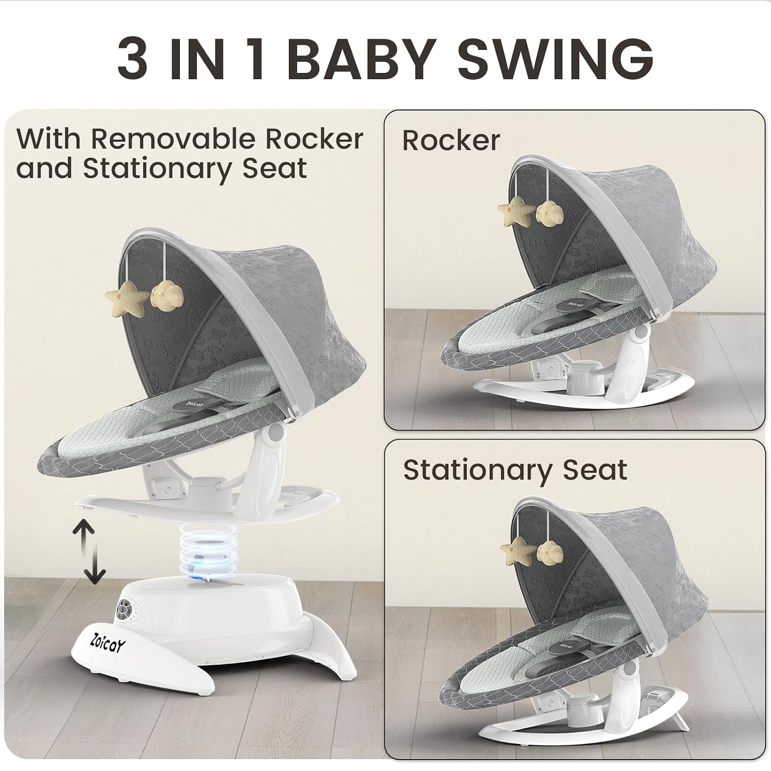 3-in-1 Baby Swing for Infants, Infant Swing with 5 Speeds & 3 Swing Modes, 12 Melodies, Electric Swing for Baby, Indoor & Outdoor Use, Up to 25 lbs, Gray