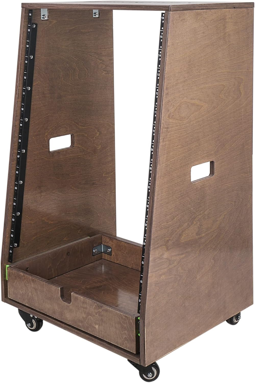 Sound Town 16U DIY Solid Baltic Birch Plywood Slanted Studio Rack with 16U Rack Space, Extra 2U Drawer, Rubber Feet, Casters, Weathered Brown (SDRK-16TBD2)