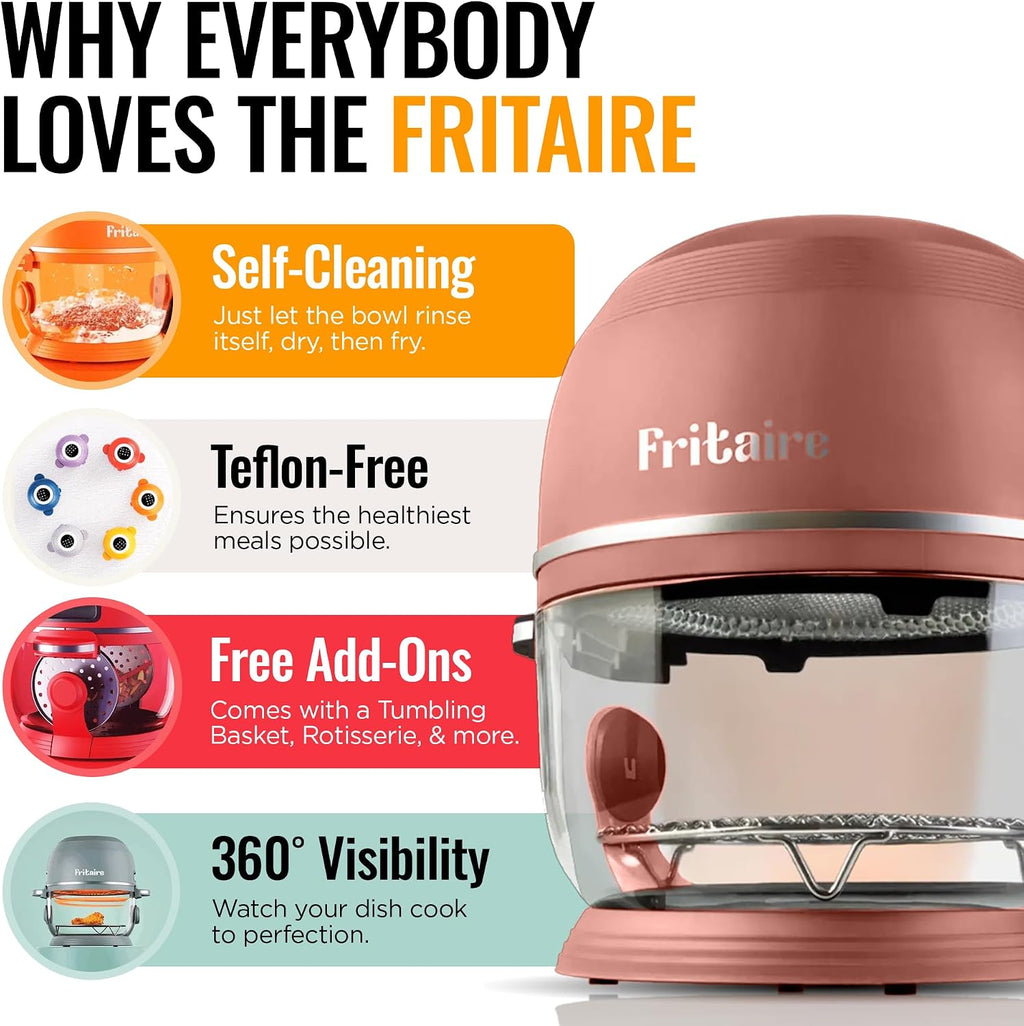 Non Toxic Air Fryer™ Pro | 9-in-1 Glass Air Fryer | Self-Cleaning | 5 Quart | Rotisserie and Tumbler | 400F Vortex For Even Cooking, BPA-Free Teflon Free, Recrisp, Roast, Bake, Mauve Rose
