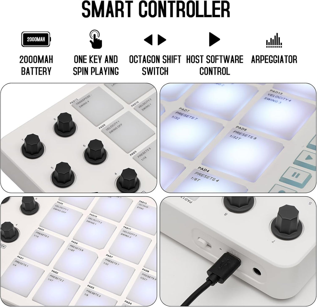 LyxJam 2x2 USB Audio Interface Bundle with ASIO, White PreSonus Eris 3.5 Studio Monitors, Bluetooth MIDI Pad Controller, Condenser Mic, Headphones, Isolation Shield & Software