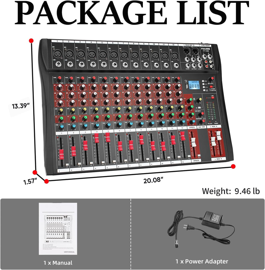 FULUODE 12 Channel Mixer Audio Console, CT-120S Professional Music Mixer DJ Mixing Board with Reverb Bluetooth MP3 Player 48V Phantom Power Supply USB Recording for Studio Karaoke Live Performance