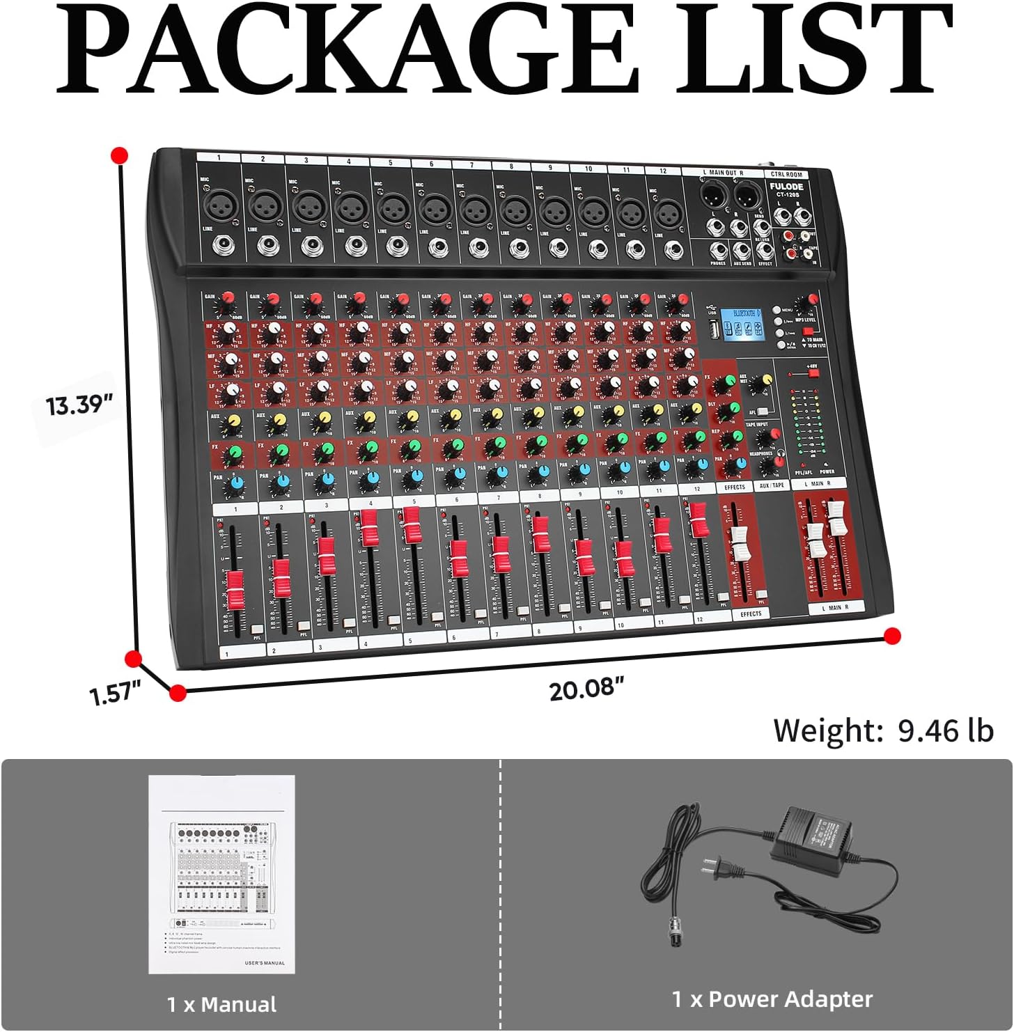 FULUODE 12 Channel Mixer Audio Console, CT-120S Professional Music Mixer DJ Mixing Board with Reverb Bluetooth MP3 Player 48V Phantom Power Supply USB Recording for Studio Karaoke Live Performance