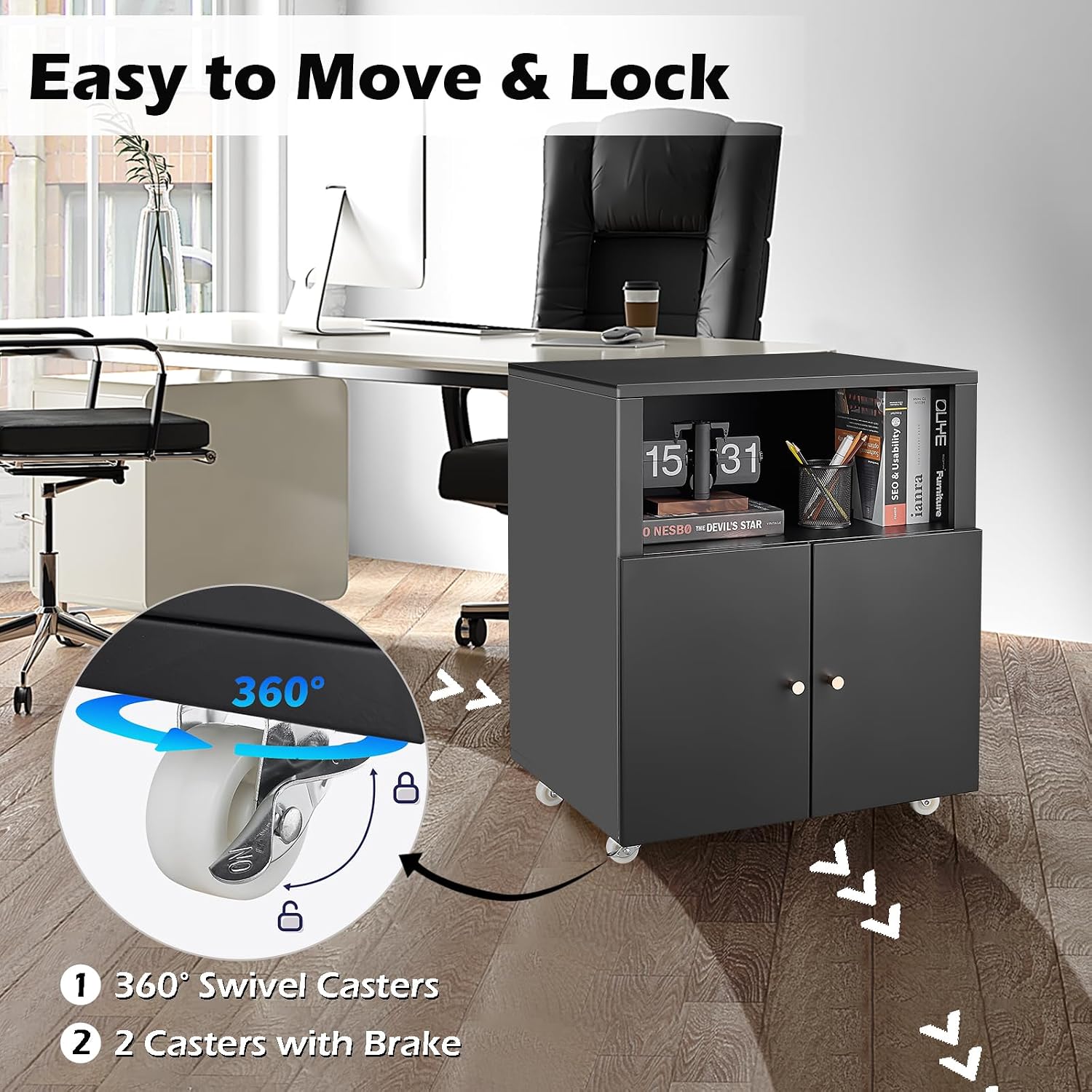 Metal Printer Stand with Storage, Heavy Duty Rolling Printer Cabinet with Doors and Adjustable Shelves, Large Printer Table Stand with Wheels for Office Copier Fax, Black