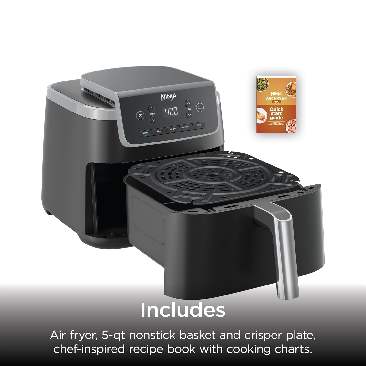 Ninja Air Fryer | 5 QT Capacity fit up to 4lbs of Fries | 5-in-1 Air Fry, Bake, Roast, Reheat, & Dehydrate | 400°F | Air Crisp Technology | 1750 Watts | Nonstick Basket & Crisper Plate | Grey | AF142