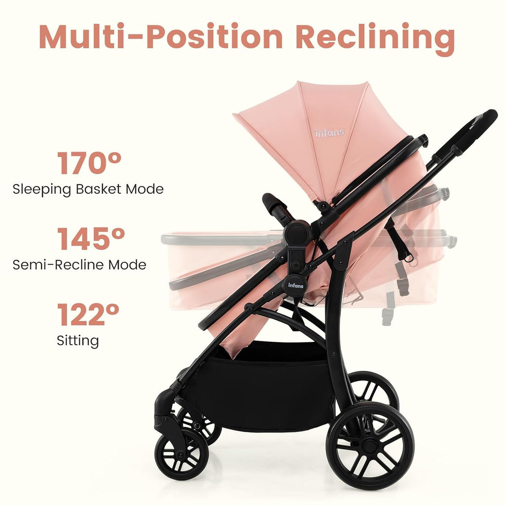 INFANS 2 in 1 Baby Stroller, Convertible Stroller with Bassinet Reversible Seat Adjustable Backrest Canopy One Hand Fold, Compact Toddler Pushchair for Kids Infants Newborns 0-36 Months