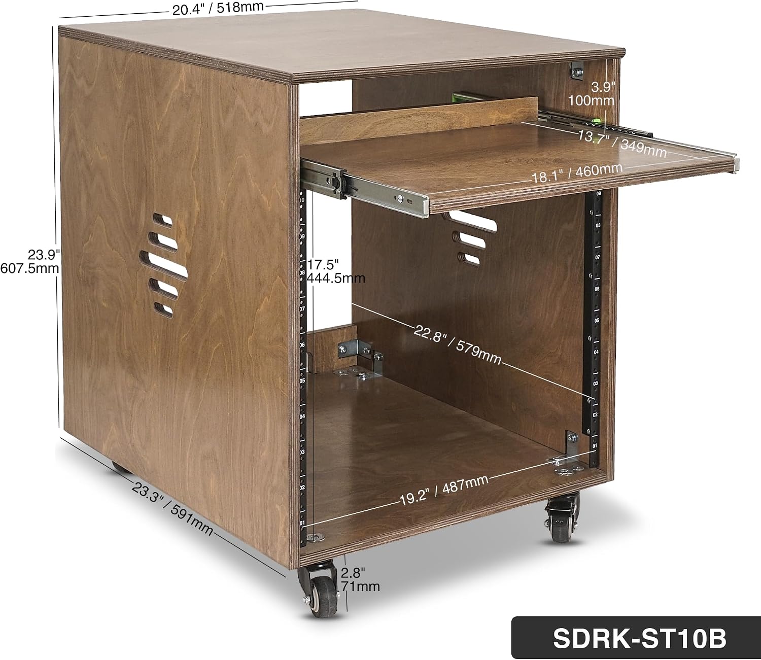 Sound Town 10U Solid Baltic Birch Plywood Studio Rack Desk with Slide-Out Tray, Rubber Feet, Casters, for Recording, Podcasts, Broadcasts, Streaming, Weathered Brown (SDRK-ST10B)