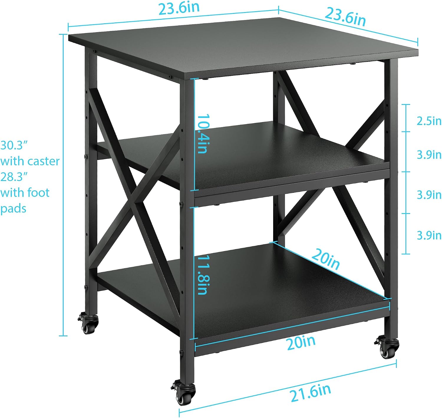 3 Tier Printer Stand, Large Table with Wheels, Rolling Cart with Height Adjustable Middle Storage Shelf, 23.6 x 23.6 x 30.3 Inches Shelf for Home Office, Black