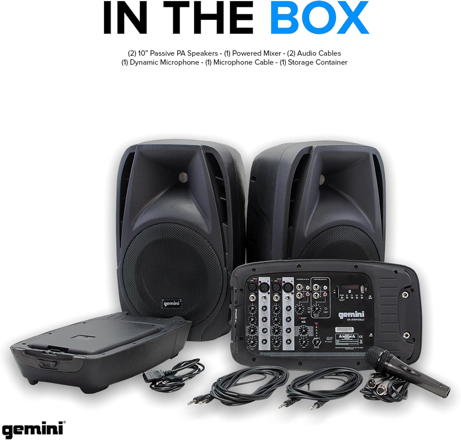 Gemini Portable PA System with Bluetooth, Powered System with 6-Channel Mixer, Dual 10' Speakers, Mic & Cables—All-in-One for DJs, Events, Fitness & Worship (ES-210MXBLU)
